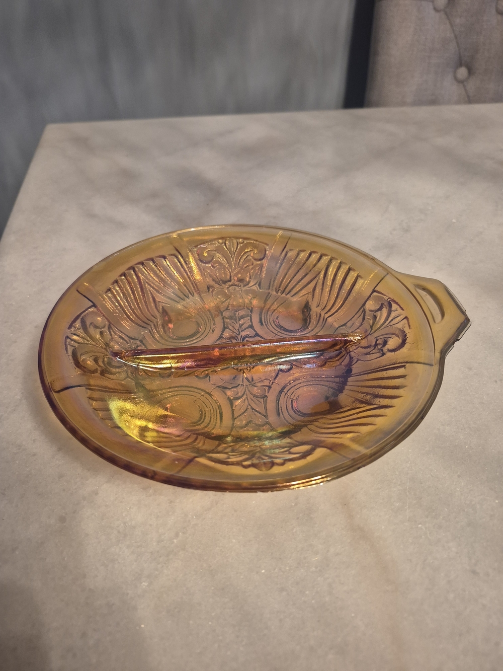Vintage Marigold Carnival Glass Divided Dish - Amber Iridescent